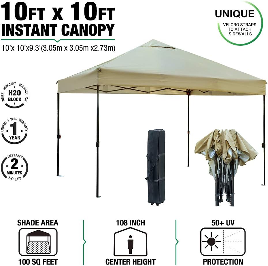 kdgarden 10' x 10' Outdoor Easy Pop Up Canopy Portable Event Party Shade Shelter Tent with Wheeled Carry Bag, Khaki