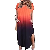 Kancystore Women's Plus Size Dresses Summer Casual Loose Pocket Short Sleeve Slits Long Maxi Dress XL-5X