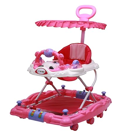 Love Baby Activity Walker for Kids with Canopy Adjustable Height Musical Tray and Light for 6 Months to 4 Years Kids (Pink)