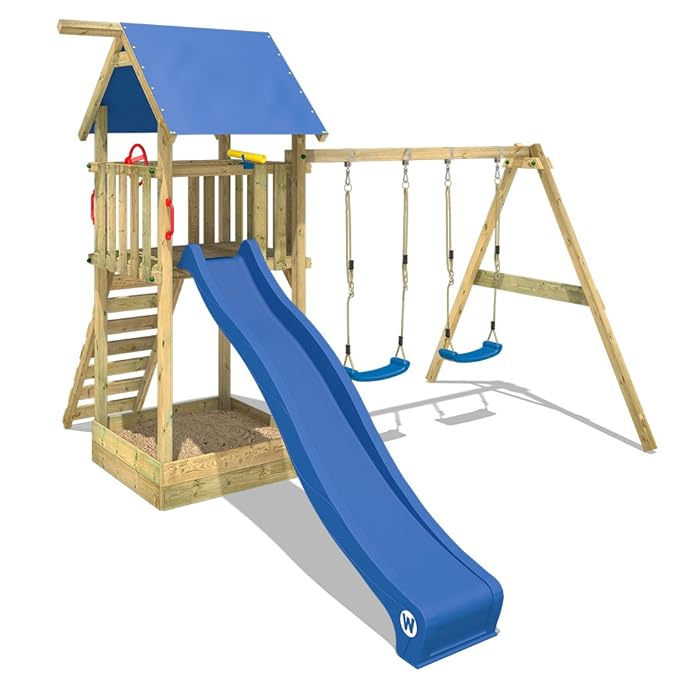 WICKEY Spielturm Smart Empire Kletterturm Garten mit Rutsche, Doppelschaukel und Sandkasten, blaue Rutsche + blaue Plane