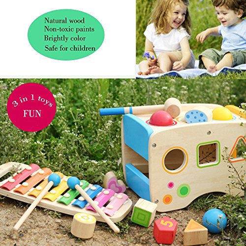 Wondertoys Wooden Toddlers Musical Toys Pound & Tap Bench Slide Out Xylophone with Mallet 3 Balls Shape Sorter Early Development Games for Toddler