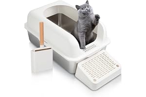 OSEVEN Enclosed Stainless Steel Cat Litter Box with Scroop&High Wall - Extra Large Metal Litter Box Stainless Steel for Big Cats,Non-Sticky, Anti-Leakage (White)