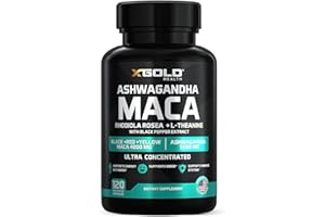 X GOLD HEALTH Ashwagandha 5,000mg + Maca Root Black, Red, Yellow 4,000mg, Rhodiola & L-Theanine: 30:1 Extract Ashwagandha Capsules, 20:1 Extract Maca Root Capsules - Supplement for Men and Women