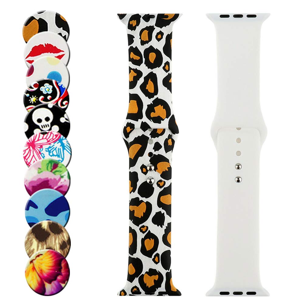 Replacement Strap Compatible with Apple Watch Strap Flower Floral Pattern Printed Soft Silicone Wrist Bands for Watch SE/iWatch Series 6/5/4/3/2/1, 38mm/40mm. 42mm/42mm (38mm-40mm, White Leopard)