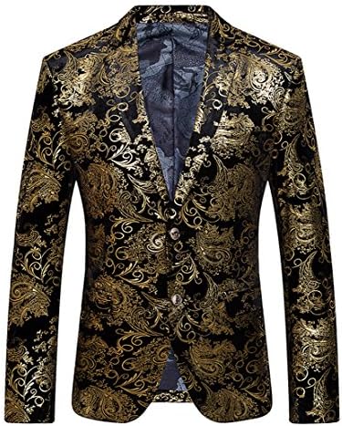 OUYE Men's Golden Single Breasted 2 Button Blazer