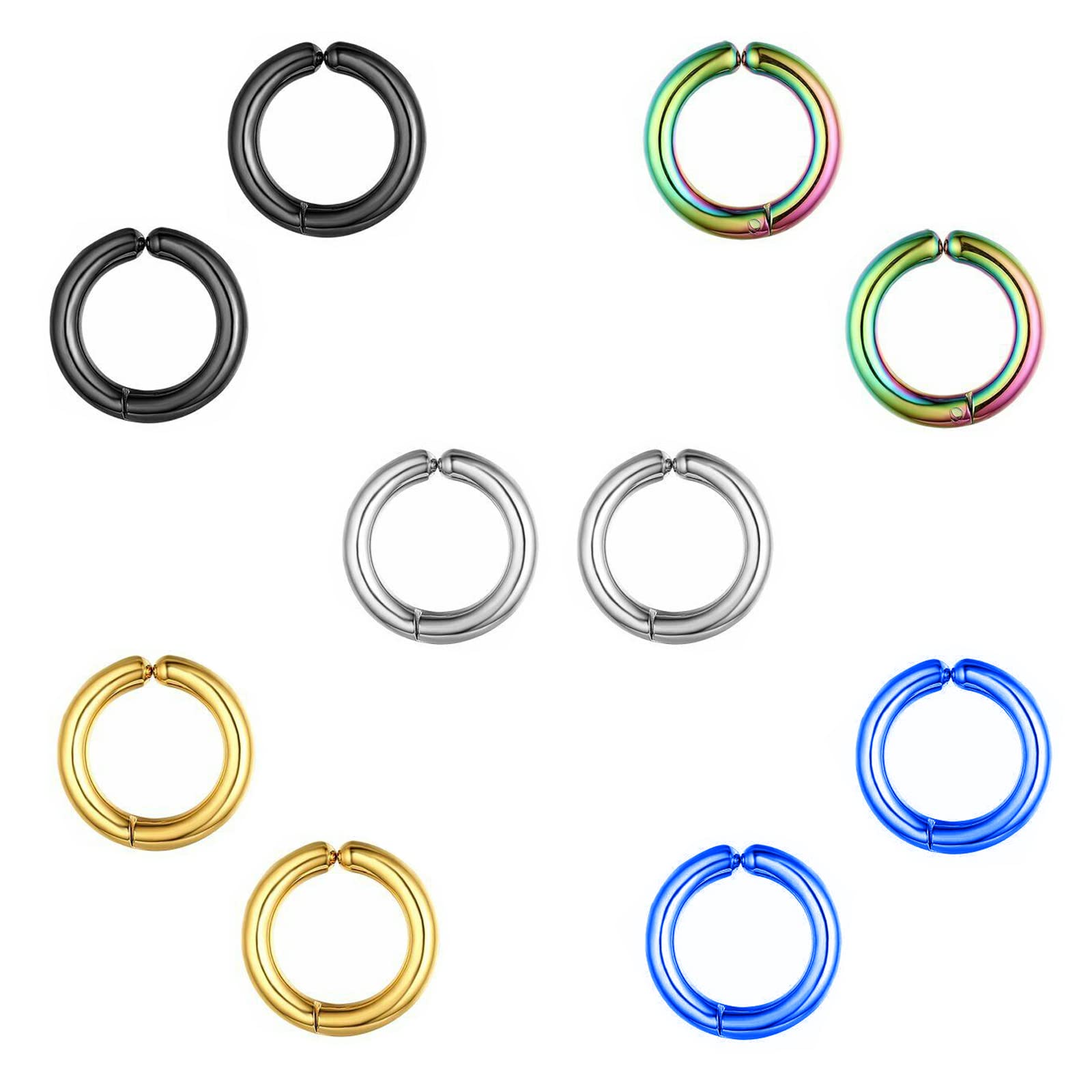 Bo Win 5 Pairs Stainless Steel Clip on Earrings for Men Women, Hoop Black Silver Ear Cuff Men, Fake Non Pierced Women Gold Hypoallergenic 15MM, blue rainbow