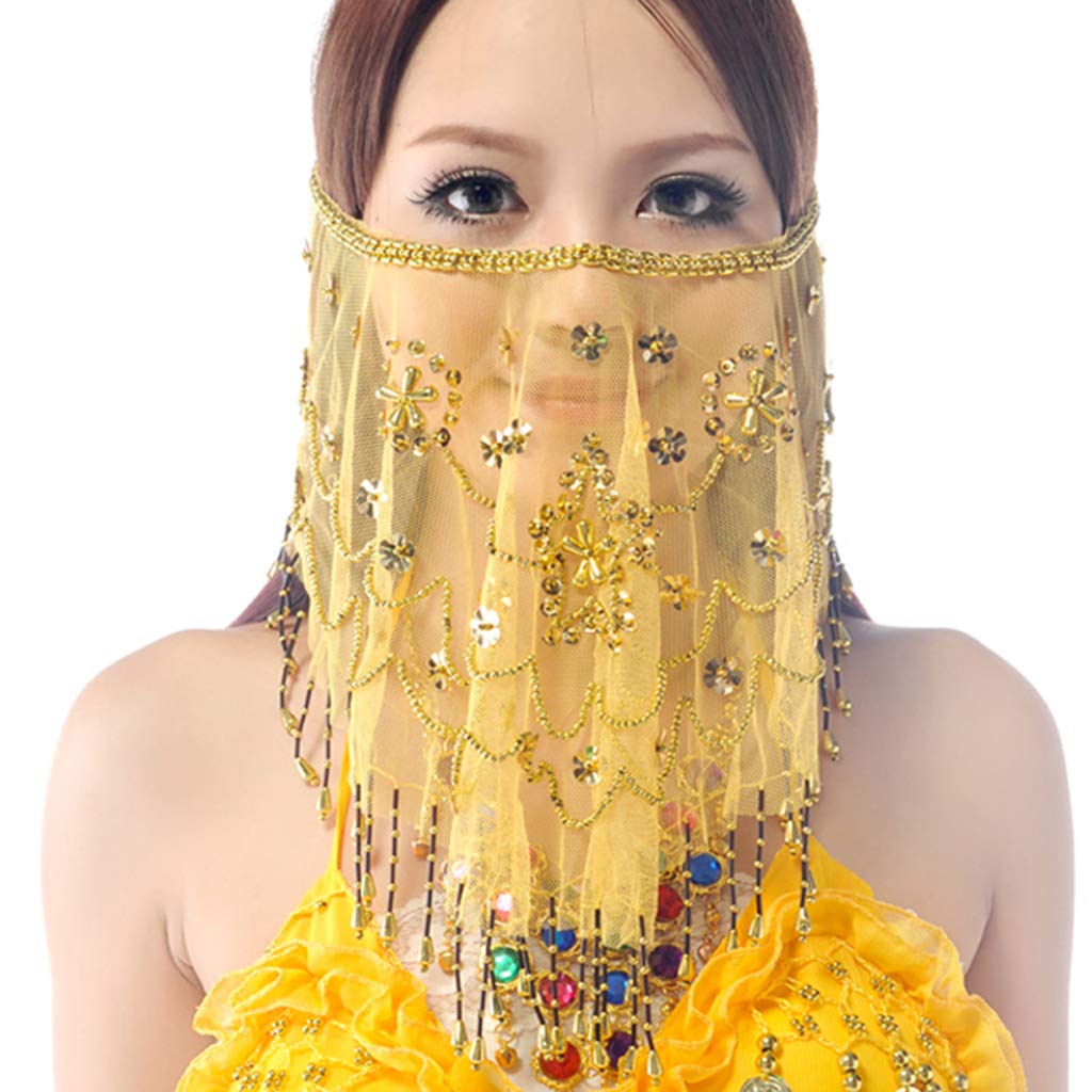 Baisdan Face Veils Belly Dance Costumes Mesh Face Veil with Beaded Halloween Costume Accessory (One Size, Yellow)