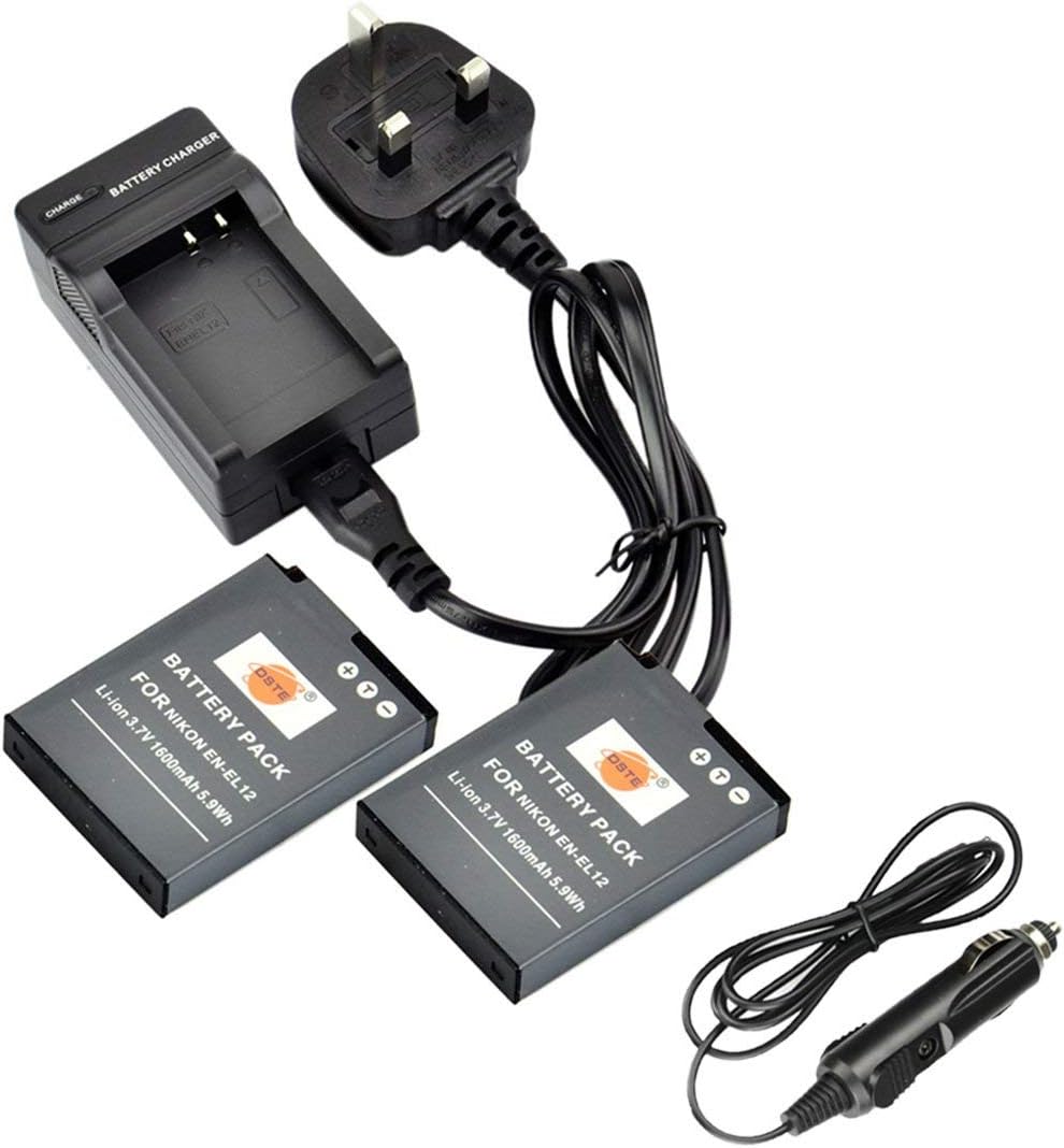 DSTE 2x EN-EL12 Rechargeable Li-ion Battery + DC03U Travel and Car Charger Compatible with Nikon Coolpix P340 S640 S800c S1000pj S1100pj S1200pj S9400 S9500 S9600 AW110 AW110s AW120s Digital Camera