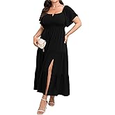 SCOMCHIC Womens Plus Size Maxi Dress Formal Short Sleeve Square Neck Smocked Side Split Flowy A Line Tiered Long Dress