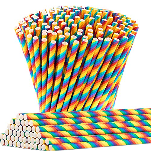 300PCS Biodegradable Rainbow Paper Straws, Whaline Bulk Colorful Drinking Straws for Birthday, Wedding, Anniversary, Pride Day Party Supplies Decorations