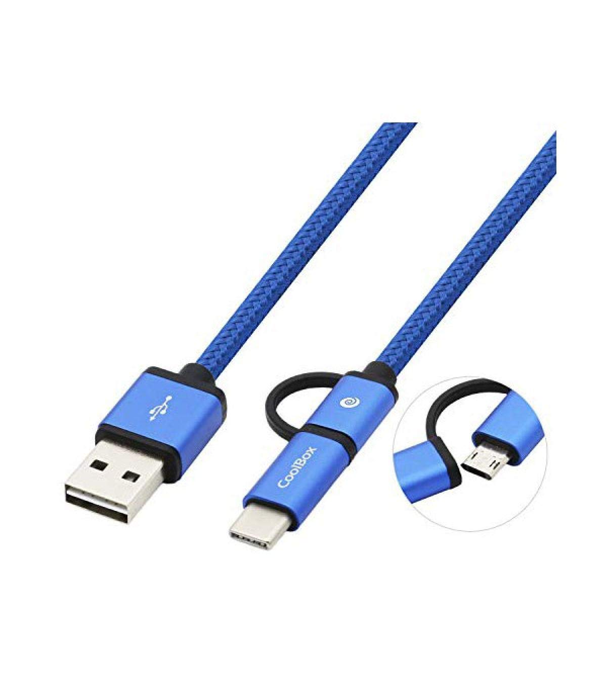 CoolBox COO-CAB-U2MC-GR 2-in-1 Micro USB and USB-C Cable - Braided and Heavy Duty - Reversible Connectors - Blue