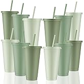 Skylety 12 Pcs Sage Green Plastic Cups with Lids and Straws 24 oz Reusable Tumbler Large Travel Mug Cup Coffee Beverage Drinks Party Supplies for Wedding Bridal Baby Shower Birthday