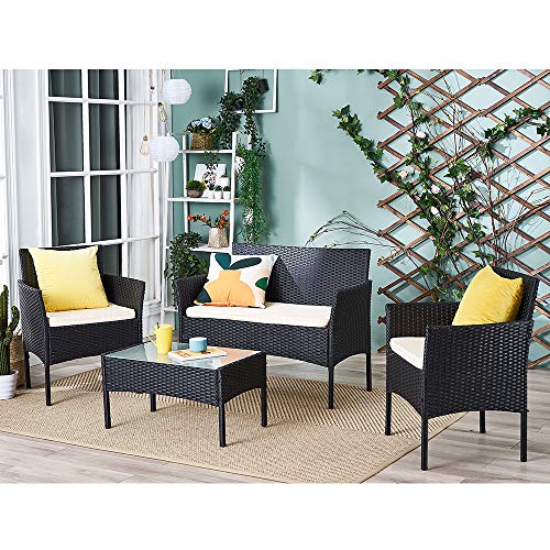 Lounge Set 4tlg in Rattanoptik mit Glastisch Cube Sofa Garnitur Sitzgruppe Gartenmöbel für Garten 3 Farbwahl - Schwarz