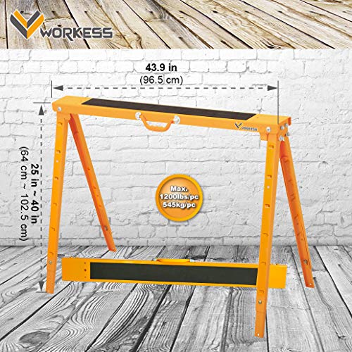 Heavy Duty Height Adjustable Steel, Metal Saw Horse, Jobsite Table with Telescopic Legs 1200 Lbs Yellow Single Pack WK-SH017A