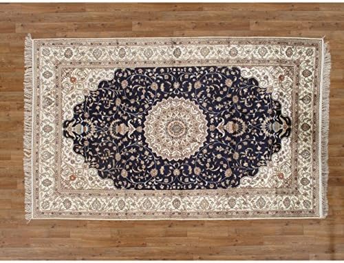 Traditional Persian Antique Blue Carpet 5 X 8 Esfahan 100% Silk Area Rug