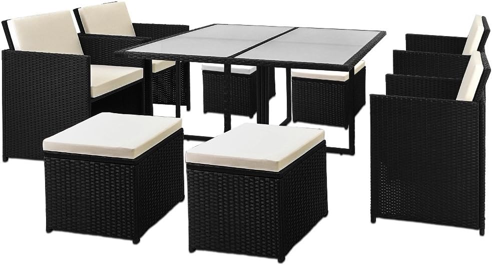 Casaria Poly Rattan Sitzgarnitur Cube 7cm Dicke Auflagen 4 Stühle 4 Hocker Tisch 9 TLG Sitzgruppe Gartenmöbel Set