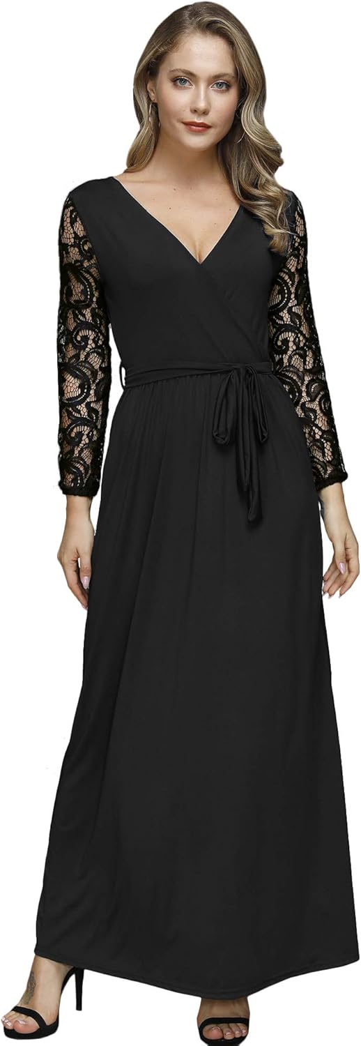 Spadehill Women's Faux Wrap V-Neck Lace Sleeve Maxi Dresses: Clothing
