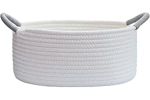 Yimi's Dream Basket for Gifting, Small Baskets for Shelves, White Cotton Rope Basket with Grey Handle for Decor, Baby Cat Dog Toy(Oval, 12"x 8"x 5")