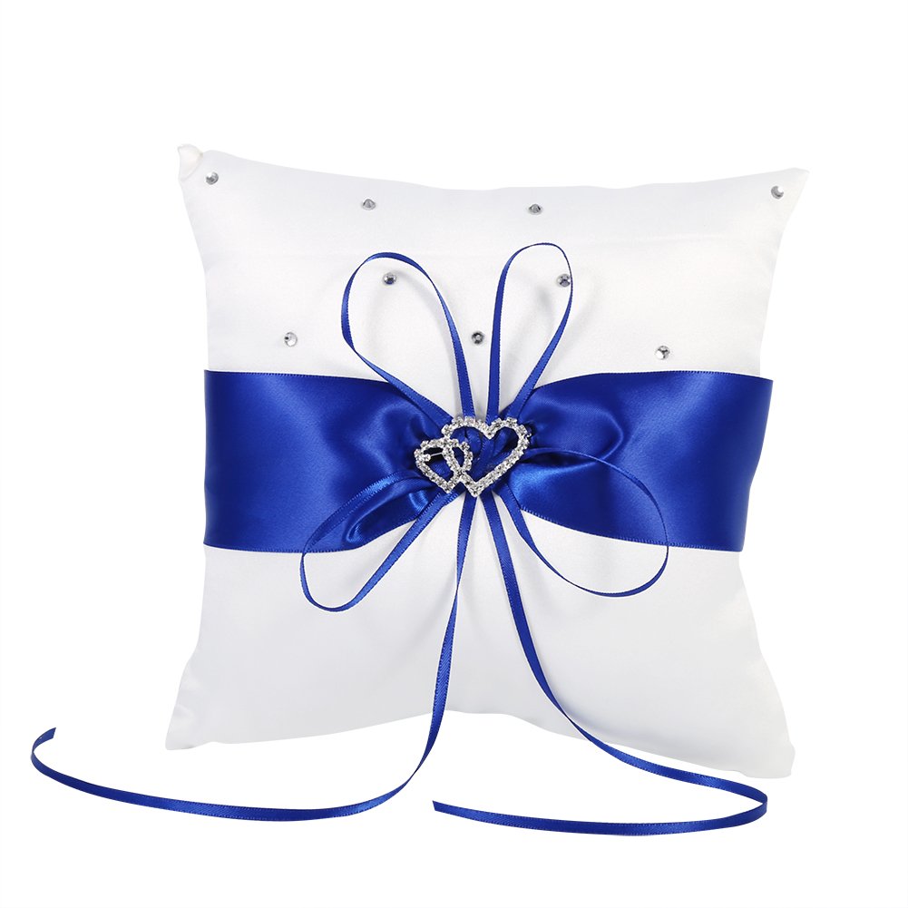 Wedding Ring Pillow, Ribbon Decorative Pillow Ring Bearer Pillow Romantic Cushion with Bowknot Double Heart Rhinestone, Wedding Rings Holder for Beach Wedding Party Ceremony(Blue)