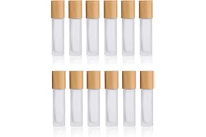 GLASSTORE 12 Pcs Frosted Glass Roller Bottles 10ml(1/3oz) Roll on Bottle With Metal Roller Ball&Bamboo Lids For Perfume Essential Oil Aromatherapy Lip Balms