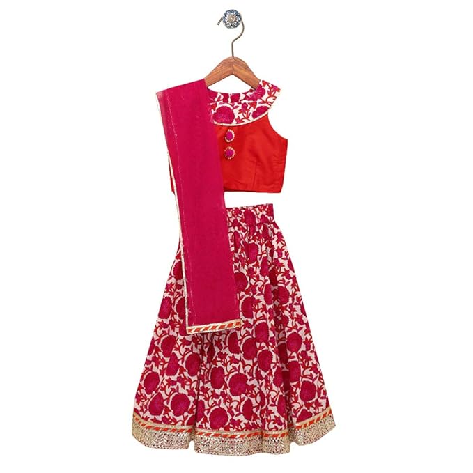 Peaches By Hopscotch Girls Cotton Batik Print Sleeveless Blouse With Magenta Lehenga Set in Majenta Color