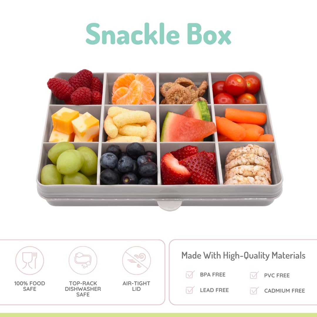 melii Snackle Box – 12-Compartment Divided Snack Container, BPA-Free Food Storage, Removable Dividers, Perfect for Kids Snacks, Arts & Crafts, Beads, and Kitchen Organization (Grey)