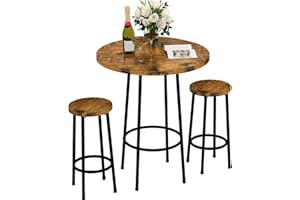 Recaceik 3 Piece Pub Dining Set, Modern Round bar Table and Stools for 2 Kitchen Counter Height Wood Top Bistro Easy Assemble for Breakfast Nook Living Room Small Space Restaurant, Rustic Brown 23