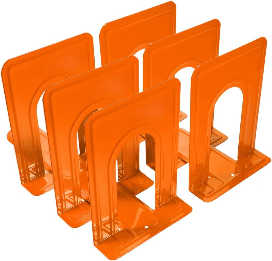 Metal Bookends, Book Ends Economy Universal Nonskid Heavy Duty Bookends Shelves Office Orange 6.69 x 4.9 x 4.3in,3 Pair/6 Piece