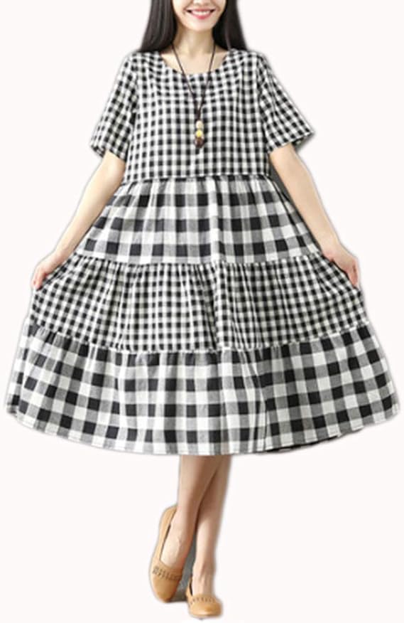 Amazon レディース チェック柄 ワンピース プリント フレアスカート 切り替え ティアードスカート コットン 膝丈 半袖 丸首 ナチュラル 森ガール 可愛い 清楚 優しい きれいめ ゆったり 着痩せ 大きいサイズ ワンピース チュニック 通販