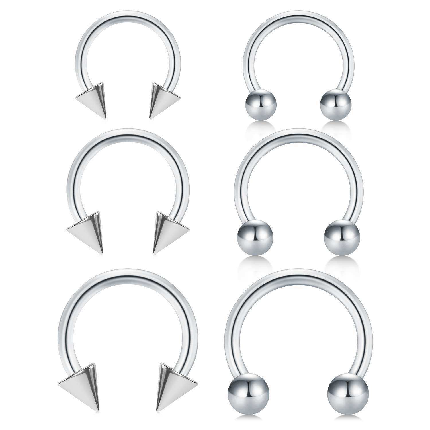 Longita 6PCS 16G Stainless Steel Horseshoe Nose Hoop Rings Eyebrow Lip Ear Rings Tragus Earrings Septum Piercing Ear Helix Cartilage Daith Conch Body Piercing Jewellery Dia 8-12mm-Silver