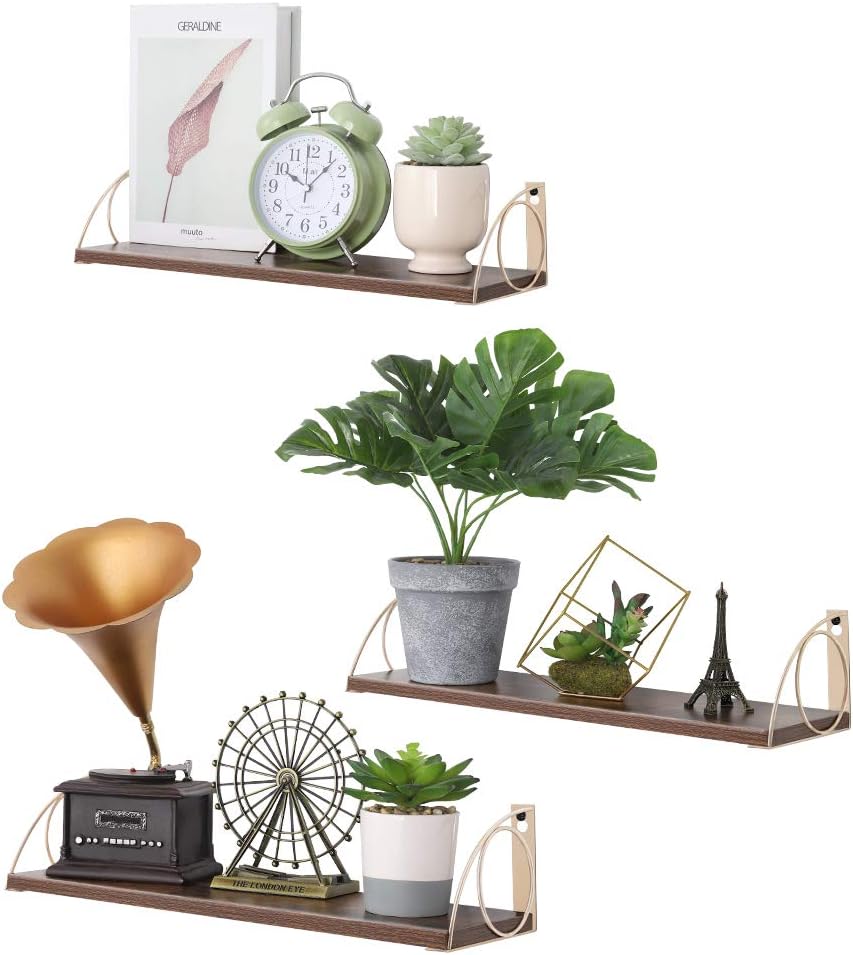 Wall Mounted Floating Shelves, Set of 3 Decorative Rustic Wooden Shelves, Industrial Wall Storage Shelves Set for for Kitchen Living Room Bathroom Bedroom Office
