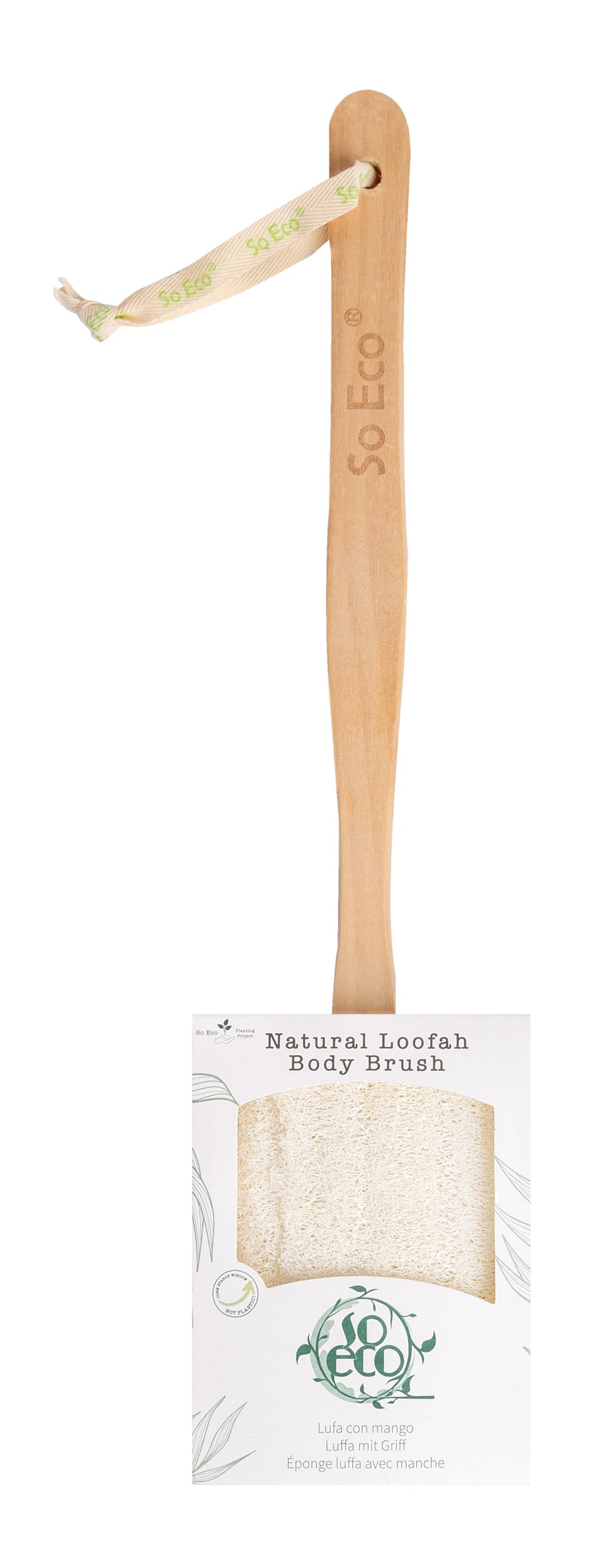 So Eco Natural Loofah Back & Body Brush - Long Wooden Handle for Easy Reach, Natural Loofah Exfoliates & Cleanses for Smooth Radiant Skin, Vegan & Cruelty-Free