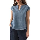 Amazhiyu Women's 100% Linen V Neck Cap Sleeve Blouse Basic Casual Summer Top