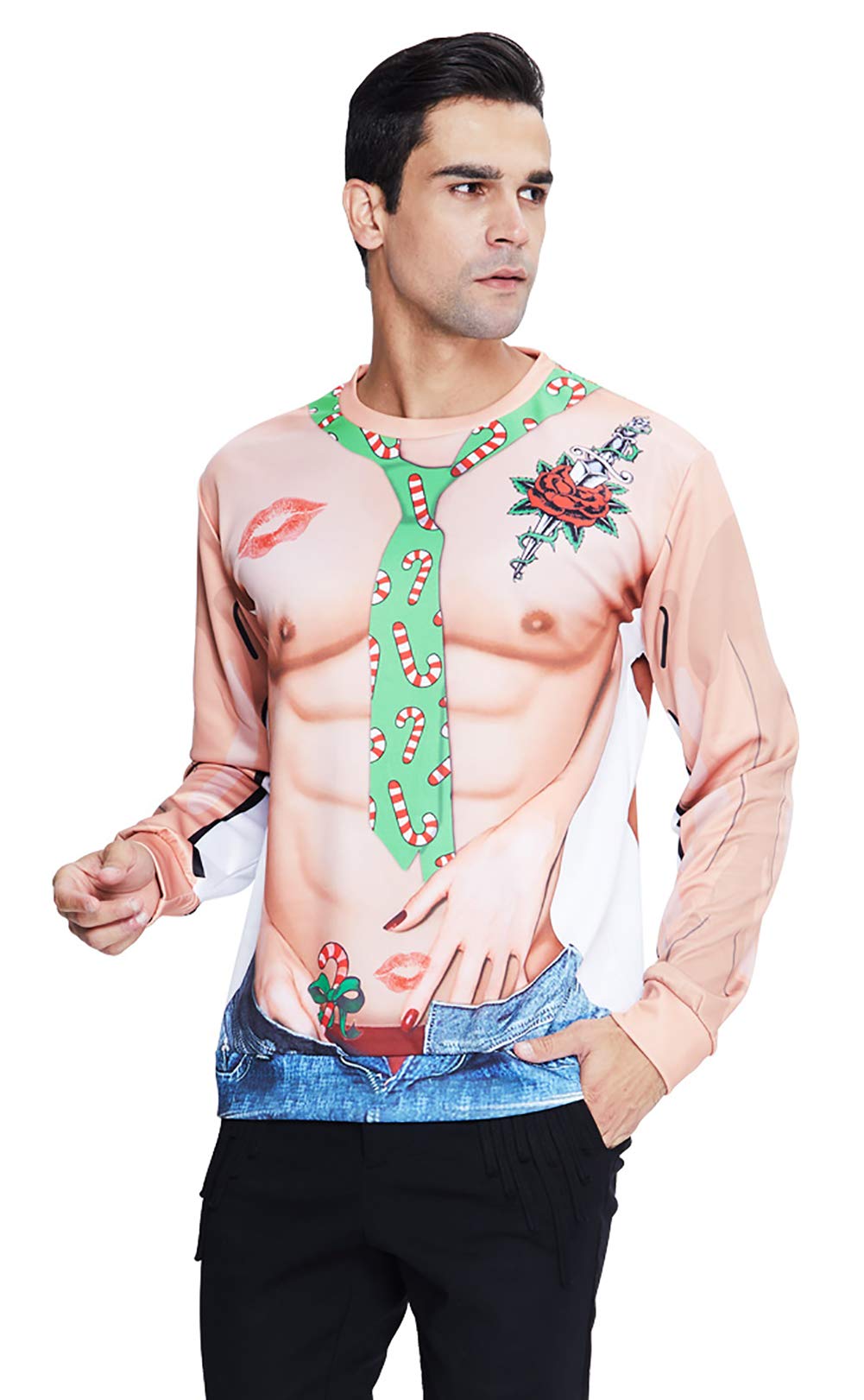 Chest Muscle Sweatshirt for Women Men Sexy Hand Green Tie Silk Stretch Loos Fit Chirstmas Outfit Cheesy Graphic Bring Color Tops for Special Occation Brown (Chirstmas R,L)