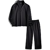Ainangua Casual 2 Piece Sets for Women V Neck Long Sleeve Tops Wide Leg Pants Workout Outfits Fashion Carmel Travel Set