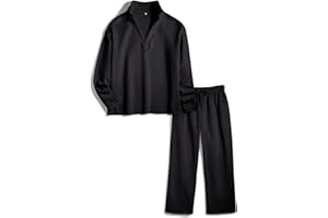 Ainangua Casual 2 Piece Sets for Women V Neck Long Sleeve Tops Wide Leg Pants Workout Outfits Fashion Carmel Travel Set