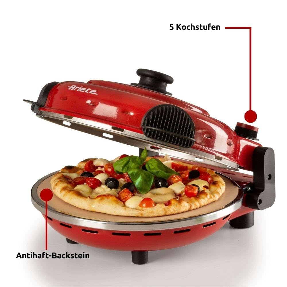 Ariete Pizzaofen 919, 4-Minuten-Pizza, Pizzaofen mit 5 Garstufen, Feuerfeste Platte zum Wiederaufwärmen, Holzbrettchen im Lieferumfang Enthalten, Max. Temperatur 400°C, 1200W, Rot 2