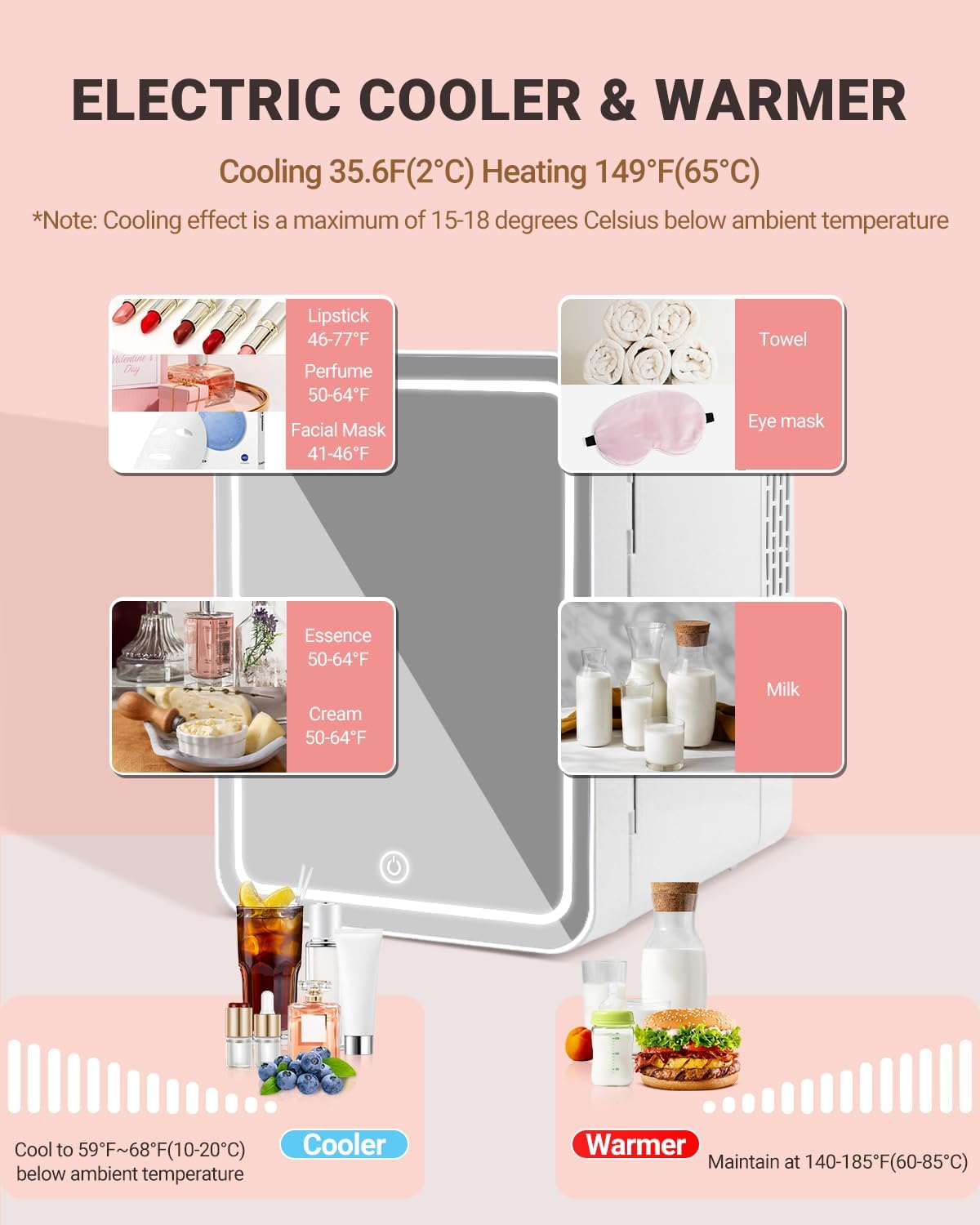 Portable Mini Fridge for Skincare Beauty Cosmetic Makeup, 4-Liter Thermoelectric Cooling and Warming Skin Care Refrigerator With Mirrored Door and Dimmable LED Light, White