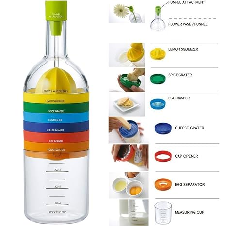 Locisne 8 in 1 Küche-Werkzeug,Plastikbehälter-Flasche Küche Kochen-Werkzeuge Küche Gadget(Trichter, Zitronepresse, Gewürzreib