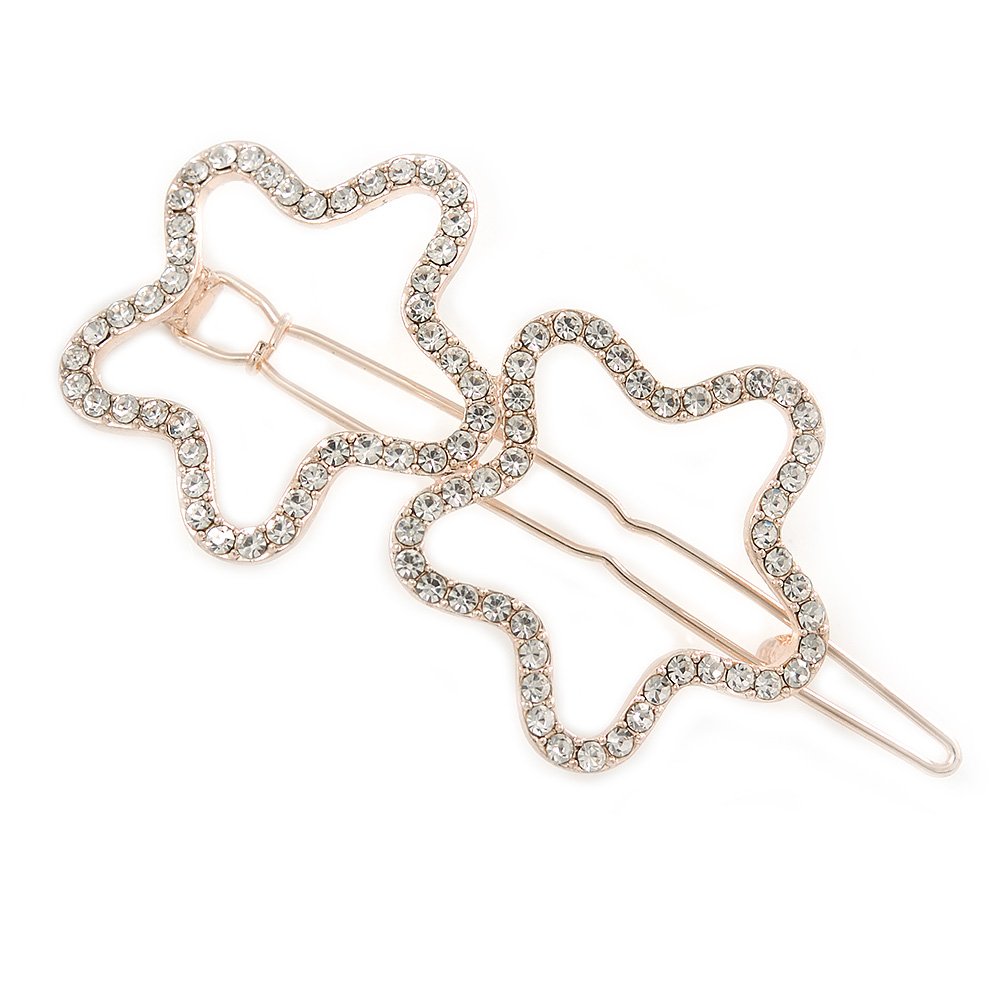 Rose Gold Tone Clear Crystal Double Star Hair Slide/Grip - 60mm Across