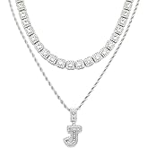 HH BLING EMPIRE Silver Iced Out Cubic Zirconia Diamond Initial Letter Pendant Chain Necklaces, A Pendant Rope and Baguette Tennis Chains | 2 Pcs Necklace Sets