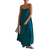 Womens Summer Linen Maxi Dress Contrast Trim Spaghetti Straps Backless Sleeveless Long Flowy Dresses