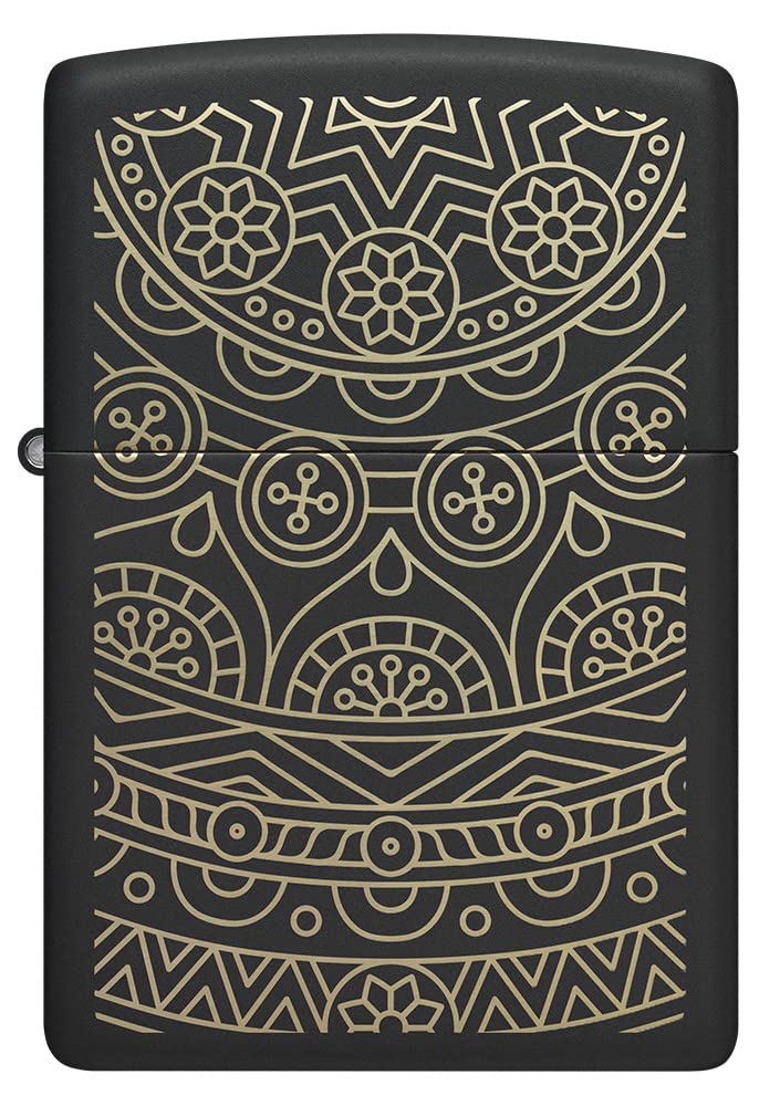 Zippo Windproof Lighter - Gold Ornate Pattern - Black Matte Finish, Laser Engraving - Refillable - Reusable - Windproof Design - Gift Box - Metal - Made in USA