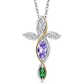 Cross Necklace For Women In 925 Silver and 10K Yellow Gold with Tanzanite and Lab Grown Diamond and Nano Emerald | 1.33 Cttw | Jesus Christian Religious Crucifix | Marquise 8X4MM | With 18 Inch Chain