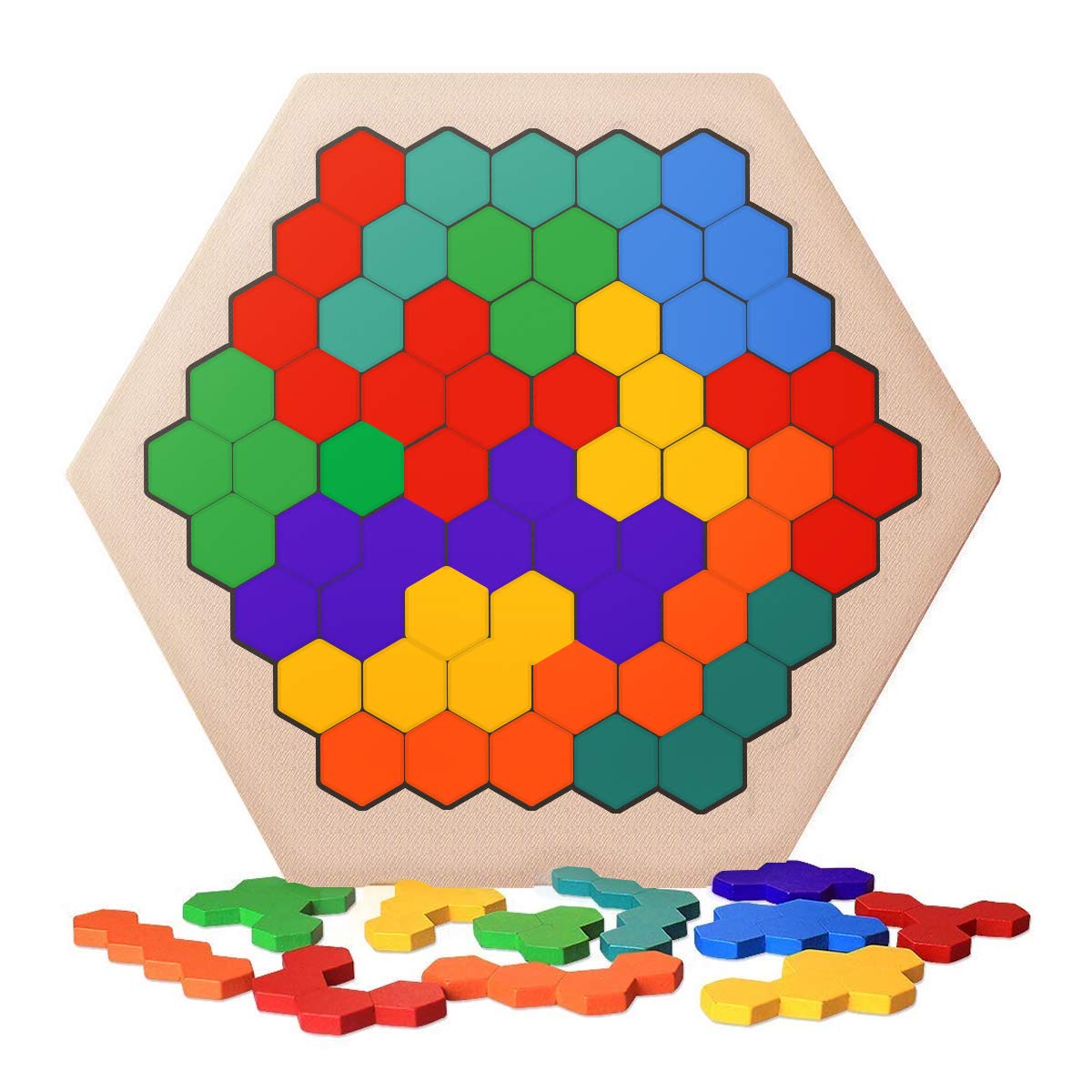 Wood Tangram Jigsaw Brain Teasers Toy for Kids Adults 14 Pcs Wooden Hexagon Jigsaw Wooden Puzzles Wooden Geometric Leaning Toys