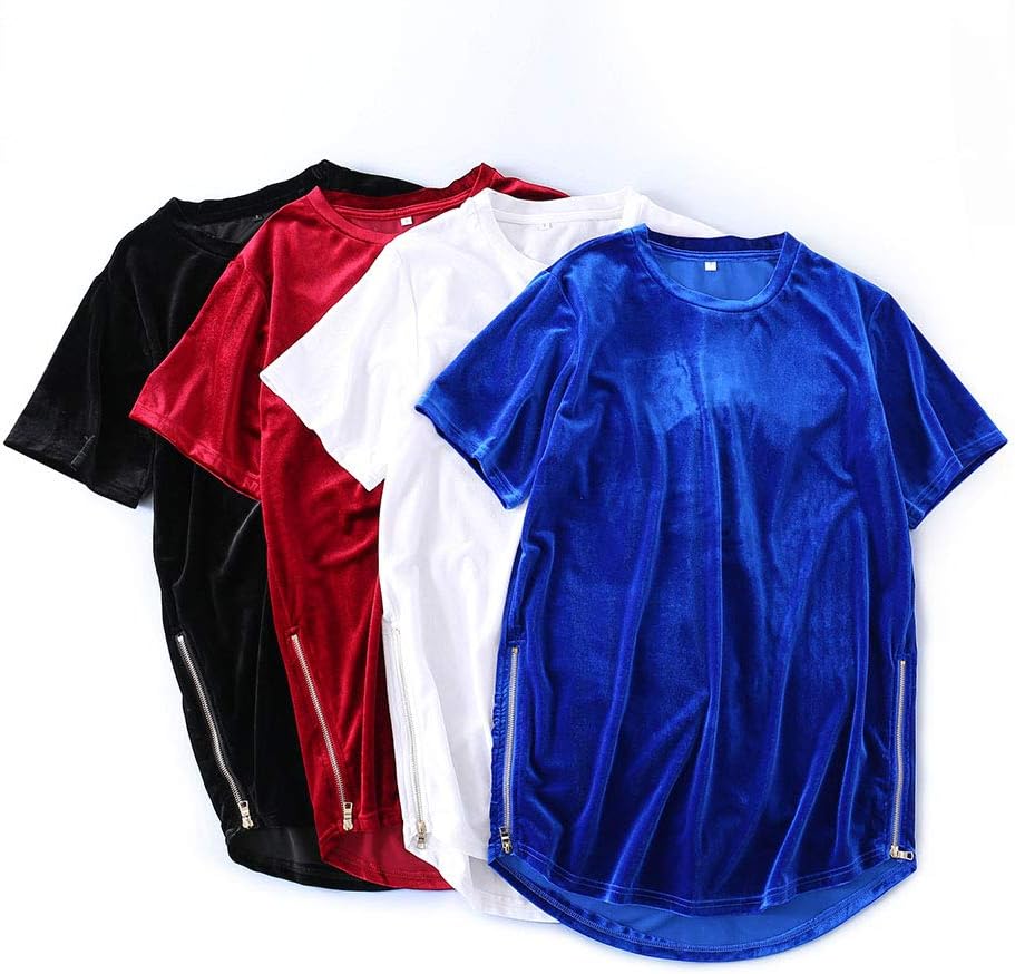 HANGJIA Velour Velvet Round Neck Short Sleeve Top Tees Zipper Sides Long Hem T-Shirts
