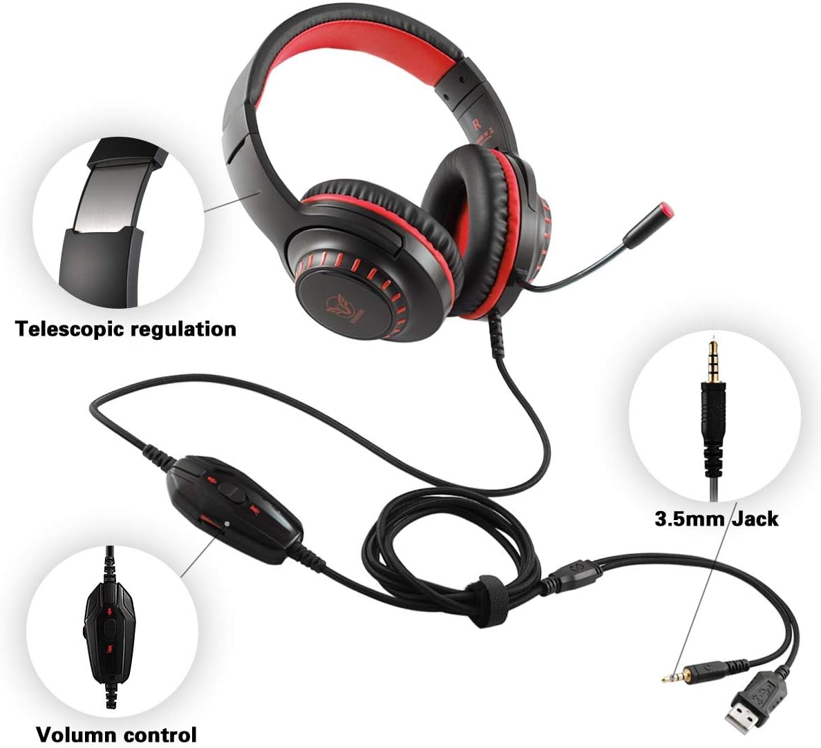 Pacrate Gaming Headset for PS4 Xbox One PC with Noise Cancelling Microphone Stereo Surround Sound Headphone with LED Light Intense Bass for Computer Laptop Mac (Black Red): Home Audio & Theater