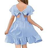 Haloumoning Girls Ruffle Short Sleeve Tie Back Dress Kids Summer Off Shoulder A-line Dresses 5-14 Years