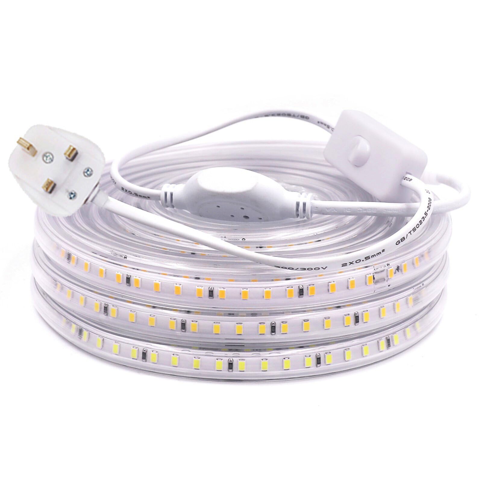 GQL 220V-240V LED Strip (Cut to 20cm) with Switch Power Supply, Waterproof 2835 SMD 120 LEDs/m Rope Light Professional Commercial Engineering Decoration- 3m Natural White