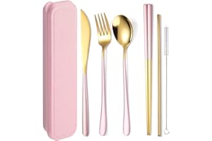 AARAINBOW 6 Pieces 18/8 Stainless Steel Flatware Set Portable Reusable Cutlery Set Travel Utensils Set Including Chopsticks Knife Fork Spoon Straws Cleaning Brush Dishwasher Safe (Pink golden)
